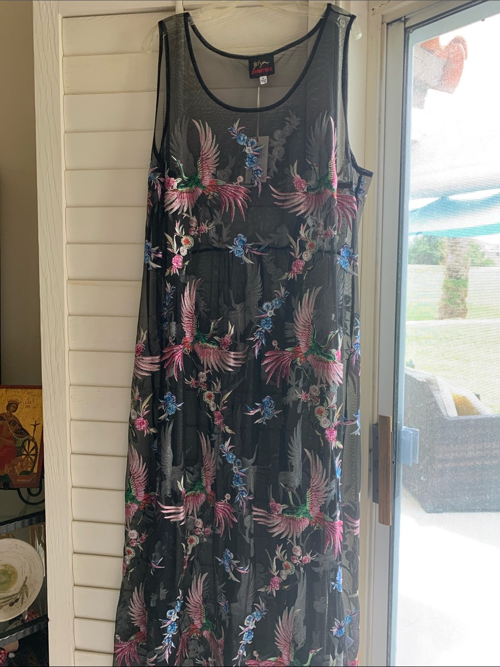 Johnny Was Black Mesh Maxi Dress with Pink & Blue Embroidered Birds